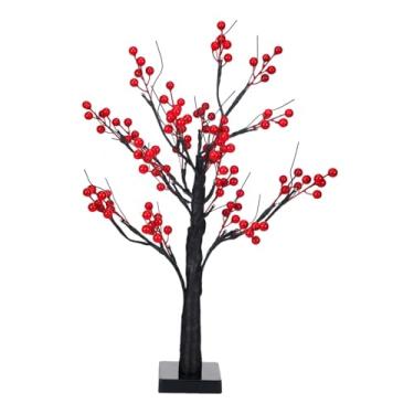 Imagem de WeiLaiKeQi Abajur de mesa iluminado com árvore artificial de frutos vermelhos, peça central para mesa de cabeceira, luz noturna LED para escritório, Dia dos