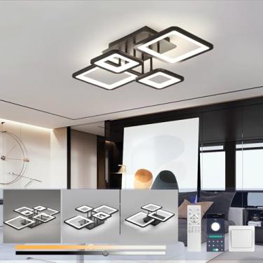 Imagem de Luminária de teto retangular LED preta com intensidade regulável e controle remoto. Ideal para sala de estar, quarto, cozinha, sala de jantar, escritório e corredor (4 lâmpadas).