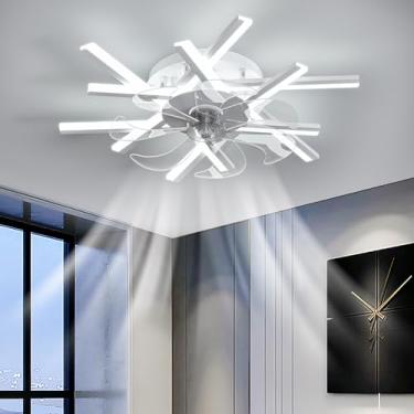 Imagem de Ventilador de teto com lustre, luzes LED com memória, dimerizável, 6 velocidades, timer, reversível, silencioso, com controle remoto e aplicativo para quarto - Branco || 62 cm