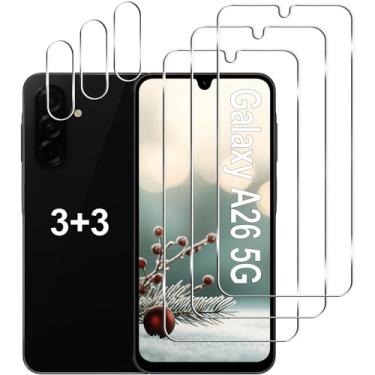 Imagem de Gliansen [Pacote com 3 + 3] Protetor de tela para Galaxy A26 5G + protetor de lente da câmera, vidro temperado 9H, antiarranhões, fácil instalação, sem bolhas, protetor de tela HD para Samsung Galaxy