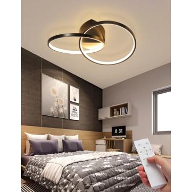 Imagem de Luminária de teto LED moderna com 2 anéis, dimerizável e com controle remoto. Ideal para cozinha, corredor, varanda e sala de jantar. (Preta)