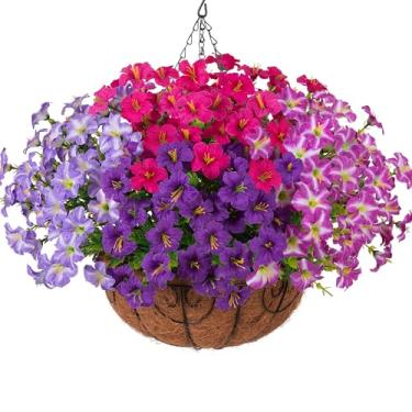 Imagem de INSPRING Cestas de flores artificiais para uso ao ar livre, plantas falsas, decoração de primavera, glória matinal de seda falsa resistente a UV em plantador, aparência de petúnias reais para pátio