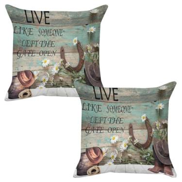 Imagem de Kurtect Capas de almofada de caubói, country western rústico ferradura margarida celeiro madeira fazenda capa de almofada pelúcia quente aconchegante para sofá carro sala de estar sofá quarto