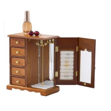 Imagem de Caixa organizadora de joias vintage de madeira maciça para mulheres - Armazenamento multicamadas para anéis, brincos, colares e pulseiras - Presente elegante para ela