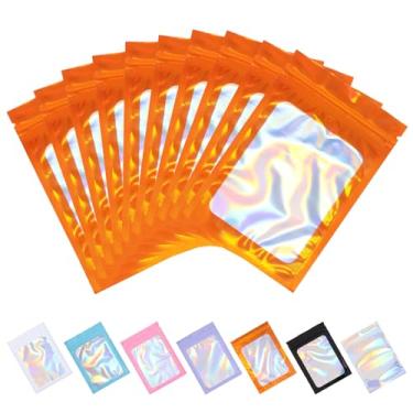 Imagem de Tiparts 100 unidades de sacos holográficos Mylar, 8 x 13 cm, sacos resseláveis laranja com janela frontal transparente para armazenamento de alimentos, joias, doces, embalagens para pequenas empresas