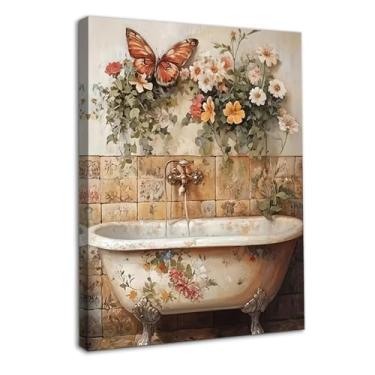 Imagem de Dazzlewall Arte de parede de banheiro floral vintage emoldurada, banheira chique gasto com borboleta e flores coloridas pôster de arte para decoração de banheiro banheiro 12 x 41 polegadas