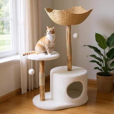 Imagem de Torre de árvore para gatos de madeira real de 109 cm de altura com cesta grande, postes arranhadores e design de galho real, bola pendurada e plataforma estendida para gatos brincarem e dormirem
