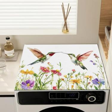 Imagem de Almofada de cobertura contra poeira para máquina de lavar floral de beija-flor colorida, capas antiderrapantes para lavadora e secadora para a parte superior, tapete protetor de secadora para