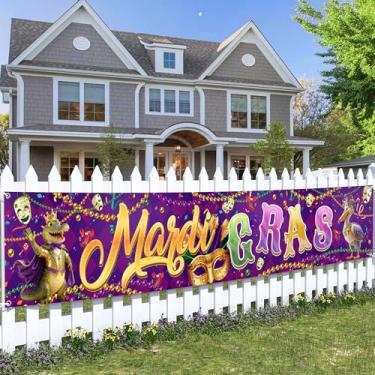 Imagem de Banner de quintal de decorações de carnaval - decorações roxas de carnaval ao ar livre 300 cm x 50 cm, placa de varanda de festa de carnaval longa com máscaras e personagens para decoração de garagem