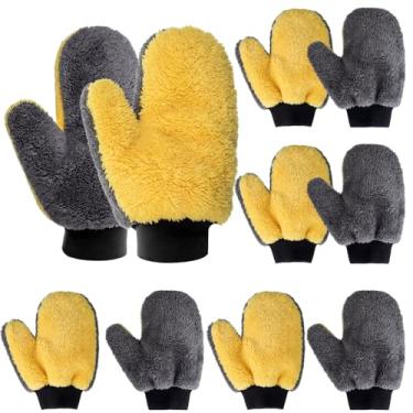 Imagem de Yiyiring Pacote com 10 luvas de pintura de pano felpudo de microfibra com polegar reutilizáveis e sem fiapos para manchas de decks, pintura de móveis, limpeza de pó e luvas de polimento