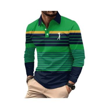 Imagem de Camisa Polo Masculina De Inverno De Manga Longa Listrada Com Botão Dup