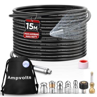 Imagem de Ampvolts Kit de jato de esgoto de 1,8 m para lavadora de pressão, mangueira de limpeza de drenagem de 5800 PSI com 5 bicos de jato e 2 adaptadores, compatível com pistolas de pulverização e lavadoras