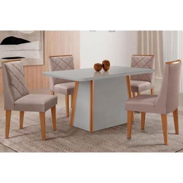 Imagem de Conjunto: Mesa de Cozinha Tilia c/ Tampo Madeirado c/ Vidro Canto Curvo 120x80cm e 4 Cadeiras Pietá Naturale/Off White - Linho Capuccino - Rufato