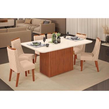 Imagem de Conjunto: Mesa de Cozinha Canes c/ Tampo Madeirado c/ Vidro Curvo 170x90cm e 6 Cadeiras Bia Freijo/Off White - Suede Kraft - DJ Móveis