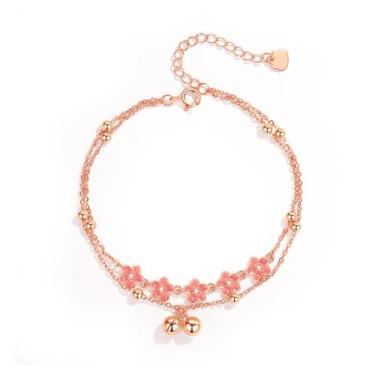 Imagem de Tornozeleira elegante com pingente de flor de cerejeira para mulheres delicada rosa floral com sons pendurados sinos, tornozeleiras ajustáveis com flor de cristal, acessórios de corrente de pé de