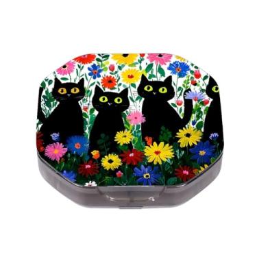 Imagem de Esta caixa de comprimidos portátil de gato preto com estampa de arbusto de flor com 4 compartimentos pode ser colocada em um bolso ou carteira para armazenar vitaminas, medicamentos, suplementos de