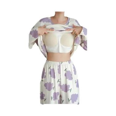 Imagem de Conjunto De Pijama Feminino Grande Com Almofadas No Peito, Manga Longa