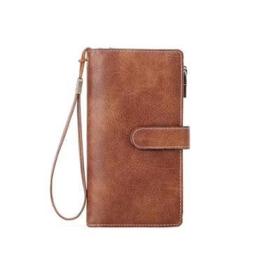 Imagem de Carteira feminina de couro PU com bloqueio de RFID – Bifold fina com 16 compartimentos para cartão e bolso com zíper, bolsa de designer compacta com design de zíper duplo suave, Marrom