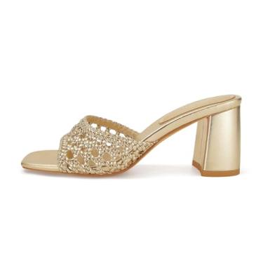 Imagem de WJZDSJCO Sandália feminina de salto grosso com bico aberto, sem fecho, sem cadarço, elegante, para festa, Dourado, 35