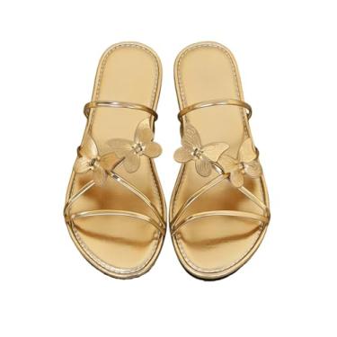 Imagem de GORGLITTER Sandália feminina plana com tiras metálicas e bico aberto na praia, verão, elegante, para casamento, Dourado, 38