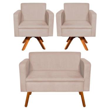 Imagem de Kit 01 Namoradeira e 02 Poltronas Giratória Emília Suede Base Madeira 