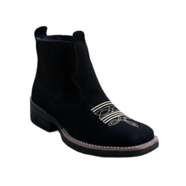 Imagem de Bota Texana Masculina Curta em Couro Nobuck Preto Bordado Bege Elástico Solado em Borracha (28,0, BR, Adulto, Numérico, 39)
