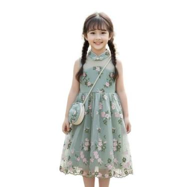 Imagem de Vestido Infantil Verde Floral com Tule e Bolsa Delicada - - anjo da ma