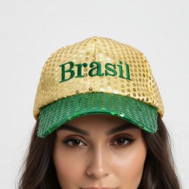 Imagem de Boné Brasil Verde e Amarelo com Lantejoulas Ajustável Torcida Brasil Copa do Mundo
