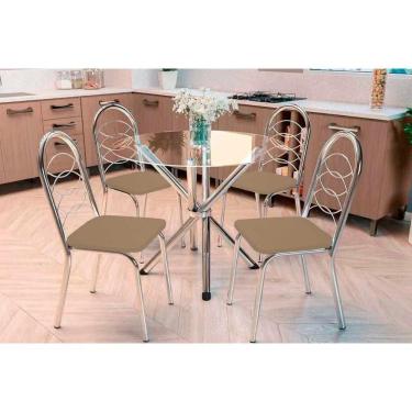 Imagem de Kit Sala de Jantar Completa Volga 4 Lugares Tampo de Vidro com Cadeiras Holanda Cromada Courano Capuccino 95CM