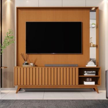 Imagem de Estante Home Ripada para TV ate 75 Polegadas 3 Portas com Pes de Madeira Em MDF Acai JB...