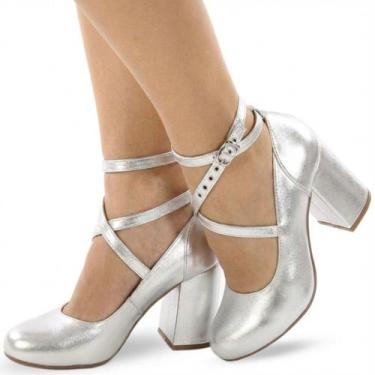 Imagem de Sapato Boneca Re&Ton Salto Grosso Feminino BL44, Prata, 38