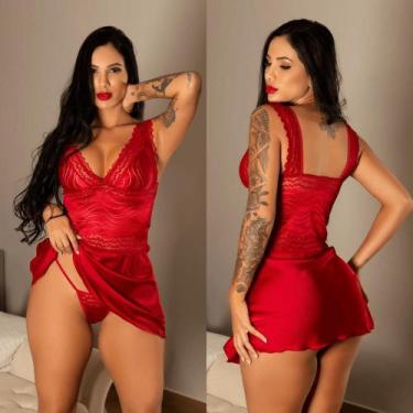 Imagem de Camisola Sensual em Cetim e Renda Vermelha - liily lingerie, G