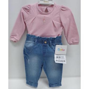 Imagem de Conjunto Bebê Menina Body + Calça Jeans Luxo Paraiso 14674, Rosa, P ( 
