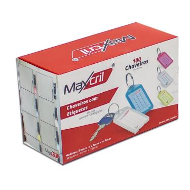 Imagem de Kit 100 Chaveiros com Etiqueta de Identificação de Chaves Maxcril Polipropileno Cores Variadas