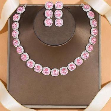 Imagem de Conjunto De Brincos E Colar De Cristal Rosa Com Strass Para Mulheres X
