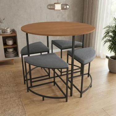 Imagem de Conjunto Mesa de Jantar Redonda com 4 Bancos Estofados Canela/Preto - 