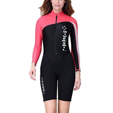 Imagem de Maiô feminino DIVE&SAIL de 1,5 mm de neoprene curto, com uma peça, proteção UV, proteção contra arranhões para mergulho, Long Sleeve/Red, X-Small