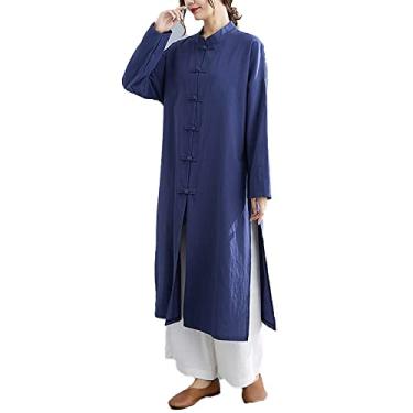 Imagem de Yajun Tradicional Chinês Tang Terno para Mulheres Primavera Algodão Corda Longa Botão Solto Top Meditação Roupas de Chá Kung Fu, Azul, 2GG (Busto: 120cm)