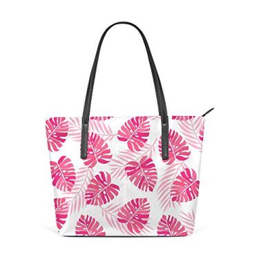Imagem de Bolsa de ombro para mulheres, sacola de couro para compras, grande, trabalho, tropical, folhas de palmeira, sem costura, rosa, floral, bolsa casual