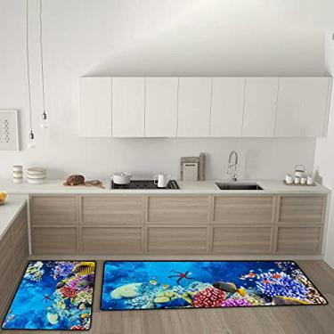 Imagem de Tapetes de cozinha subaquáticos, corais, tropicais, antiderrapantes, conjunto de 2 tapetes, tapete confortável antifadiga, para sala de jantar, lavanderia, escritório