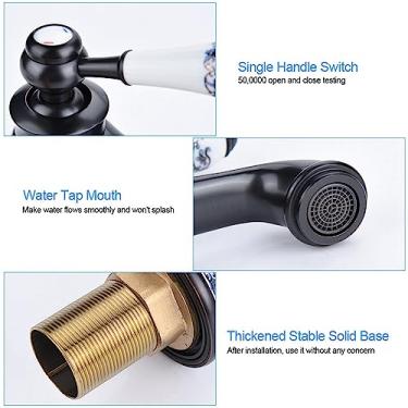 Imagem de Padrão Floral Alça única, Torneira de água, Torneiras de um Furo para Torneira Misturadora de Bacia de Banheiro Torneira de água Coldhot para Pia de Banheiro (Preto)