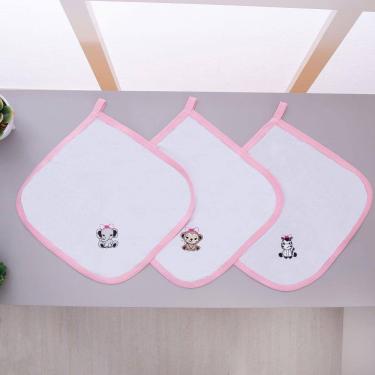 Imagem de Kit 3 Fraldas Pano De Boca Malha Para Bebê Safari Branco Com Rosa
