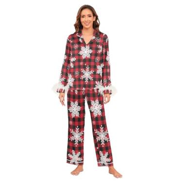 Imagem de GuoChe Conjunto de pijama feminino leve e confortável para madrinha de casamento pijama de despedida de solteira P preto e vermelho, Xadrez xadrez xadrez de búfalo preto e vermelho