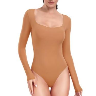 Imagem de HeyNuts Body feminino de manga comprida ultramacia de camada dupla, gola redonda, camiseta básica casual, Damasco caramelo, PP