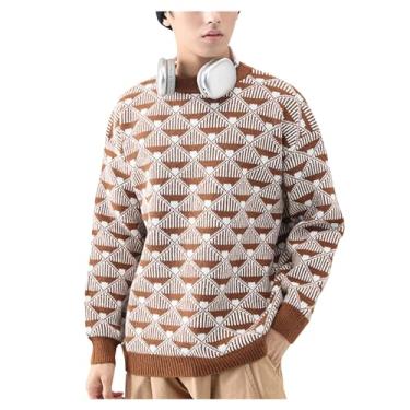 Imagem de Camisa masculina de malha contrastante com borda canelada suéter fino gola redonda pulôver inferior, Café, M