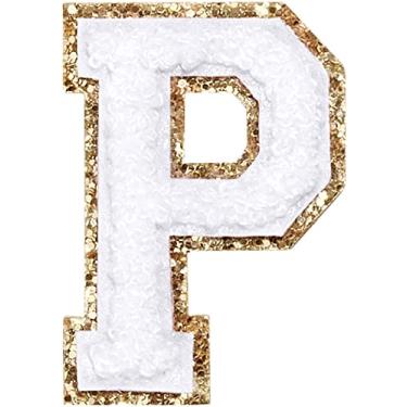 Imagem de 3 Pçs Chenille Letras Patches Ferro em Remendos Glitter Varsity Letras Remendo Bordado Borda Dourada Costurar em Patches para Vestuário Chapéu Camisa Bolsa (Branco, P)