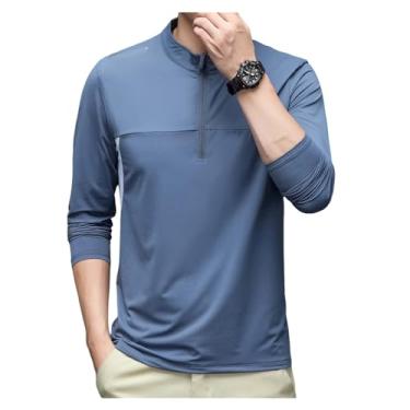 Imagem de Camisa esportiva masculina manga longa cor sólida camiseta atlética zíper frontal gola alta camisa de treino, Azul-escuro, 3G