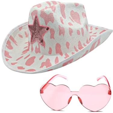 Imagem de 4E's Novelty Chapéu de cowboy com estampa de vaca com acessório, chapéu de vaqueira para mulheres homens adultos festa ocidental, acessório de fantasia de vaqueira (branco e rosa estampa de vaca + óculos em forma de coração)