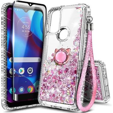 Imagem de NZND Capa para Motorola Moto G Play (2023) com protetor de tela de vidro temperado (cobertura máxima), suporte de anel/alça de pulso, capa de telefone fofa para meninas com glitter líquido flutuante (ouro rosa)