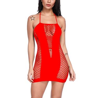 Imagem de Conjuntos de lingerie para mulheres, lingerie sexy sexy arrastão de rede de malha sem costura camisa vazada Lencería See, Vermelho, One Size